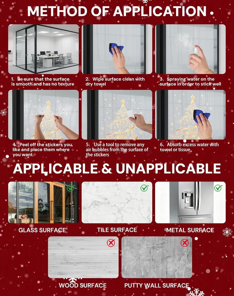 Nullyda Christmas Tree Window Clings for Glass, 19.69 * 15.75 Inch Large Golden Snowflake & Tree Decals, Removable Sticker for Glass Wall Mural Door Showcase DIY Christmas Decor - 2 Pack (Style A) - Image 5